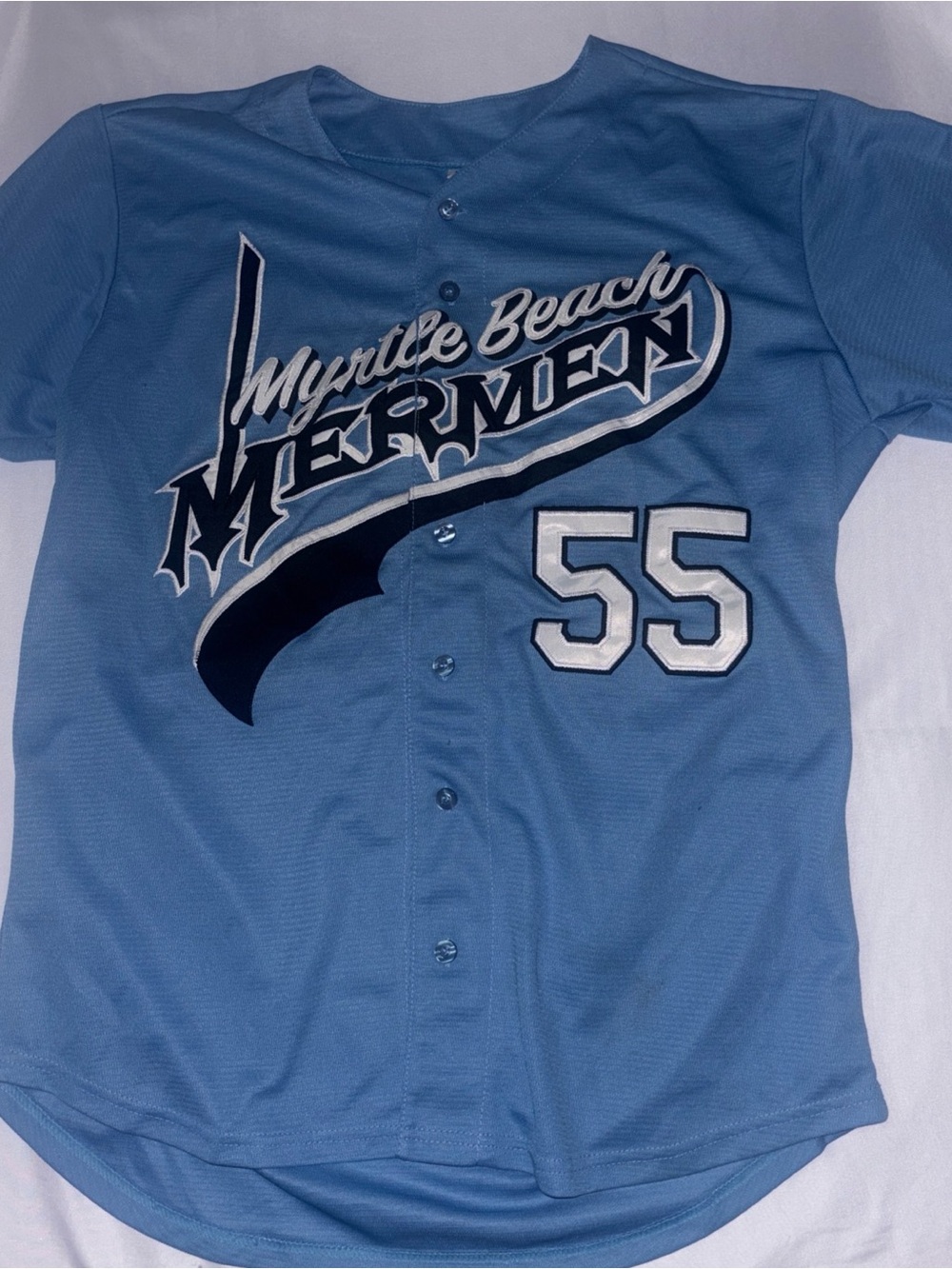 Myrtle Beach Mermen Light Blue Menβs Baseball Jersey - Number 55